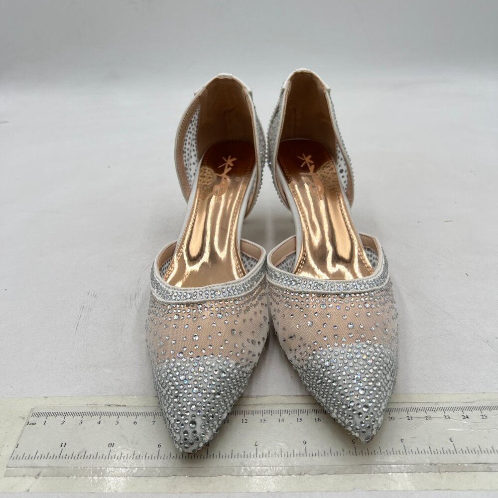 XYD Silver Pointed Toe D'Orsay Kitten Heel Rhinestone Studs Slip-On Pump - Picture 3 of 8